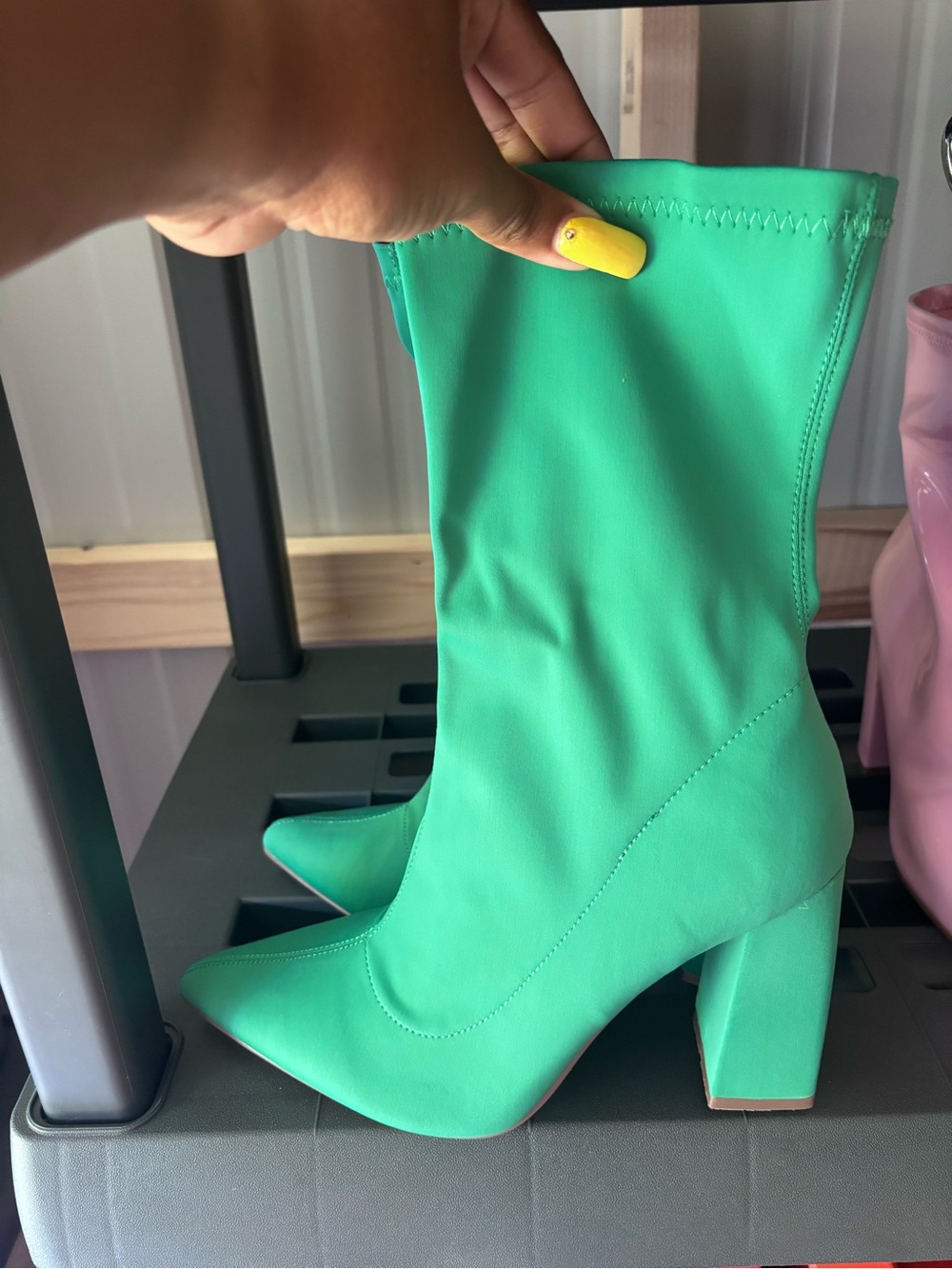 Green Mid-Calf Block Heel Women's Bootie
